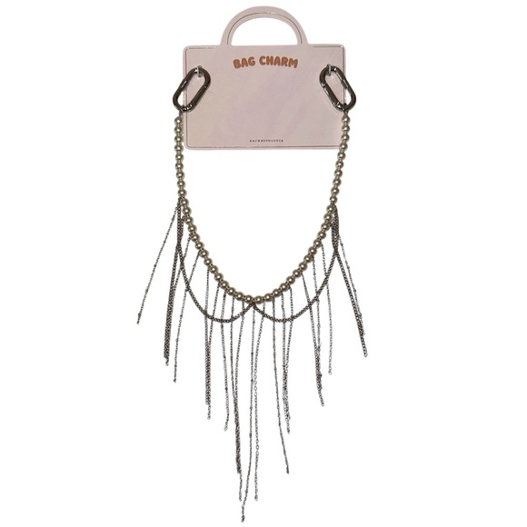Anthropologie Bag Charm Pearl Chain Silver Fringe Purse Accessory - Picture 3 of 4